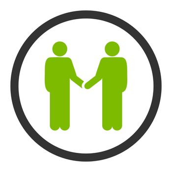 Handshake glyph icon. This rounded flat symbol is drawn with eco green and gray colors on a white background.