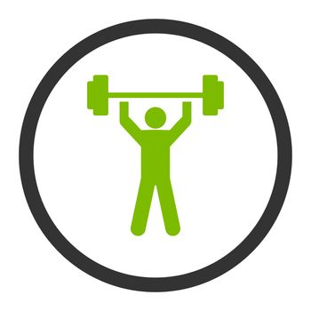 Power lifting glyph icon. This rounded flat symbol is drawn with eco green and gray colors on a white background.