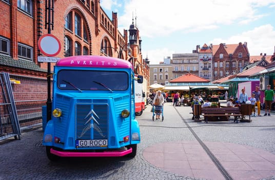 GDANSK, POLAND - JULY 29, 2015: Blue Purritos classic bus standing at the city center