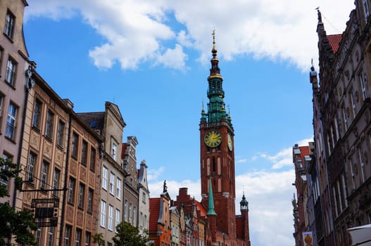GDANSK, POLAND - JULY 29, 2015: High cathedral with clock at the city center