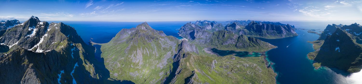 Breathtaking panorama of Lofoten islands in Norway with their high peaks and deep fjords