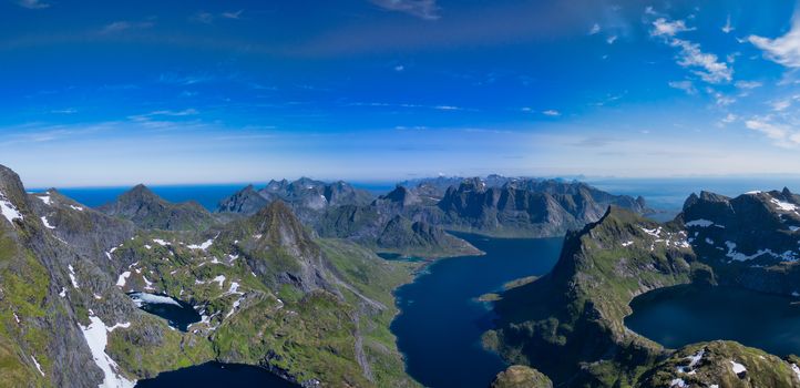 Aerial panorama of Lofoten islands in Norway