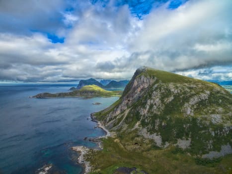 Scenic aerial view of magnificent cliff on Lofoten islands in Norway