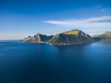 Aerial view of Lofoten islands coastline in Norway