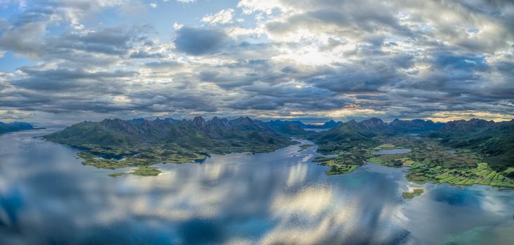 Breathtaking aerial panorama of Vesteralen islands with their dramatic mountain peaks