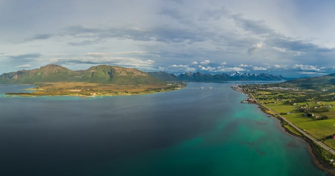 Scenic aerial view of area around Sortland on Vesteralen islands in Norway