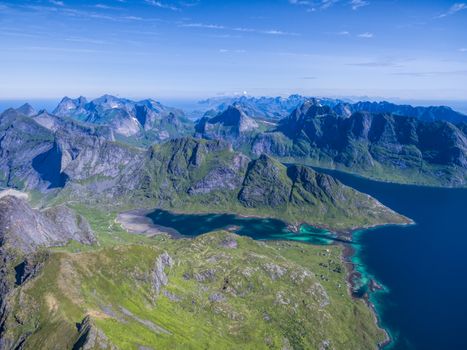 Lofoten islands in Norway, famous for natural beauty, aerial view
