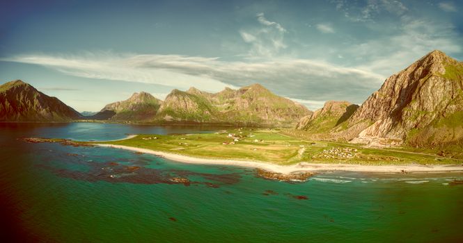 Aerial panorama of magical beach in Flakstad on Lofoten islands in Norway