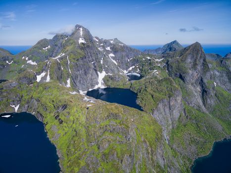 Scenic aerial view of highest peaks on Lofoten islands in Norway