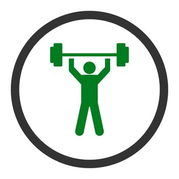 Power lifting glyph icon. This rounded flat symbol is drawn with green and gray colors on a white background.