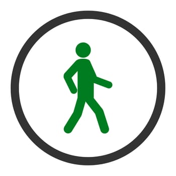 Walking glyph icon. This rounded flat symbol is drawn with green and gray colors on a white background.
