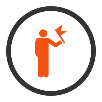 Man with Flag glyph icon. This rounded flat symbol is drawn with orange and gray colors on a white background.