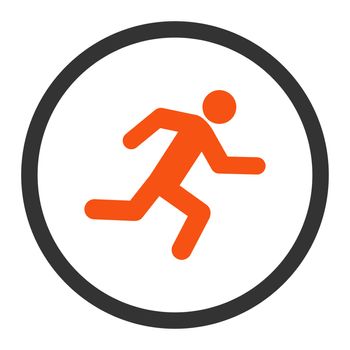 Running man glyph icon. This rounded flat symbol is drawn with orange and gray colors on a white background.