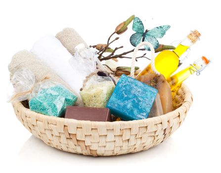 Spa still life with handmade soaps, Sea Salt and oil, on white background