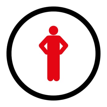 Akimbo glyph icon. This rounded flat symbol is drawn with intensive red and black colors on a white background.