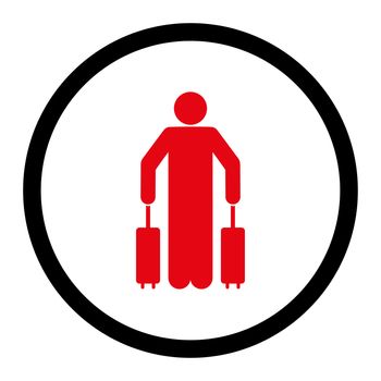 Passenger baggage glyph icon. This rounded flat symbol is drawn with intensive red and black colors on a white background.