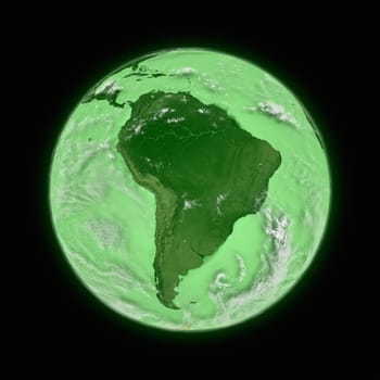 South America on green planet Earth isolated on black background. Highly detailed planet surface. Elements of this image furnished by NASA.