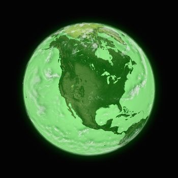 North America on green planet Earth isolated on black background. Highly detailed planet surface. Elements of this image furnished by NASA.