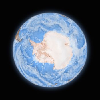 Antarctica on blue planet Earth isolated on black background. Highly detailed planet surface. Elements of this image furnished by NASA.