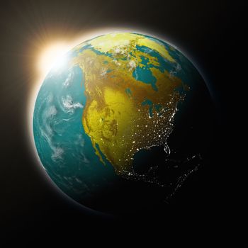 Sun over North America on blue planet Earth isolated on black background. Highly detailed planet surface. Elements of this image furnished by NASA.