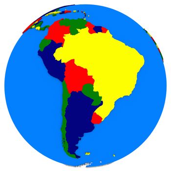 Political map of south America on globe, illustration isolated on white background