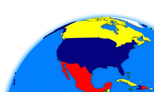 north America on globe, political map