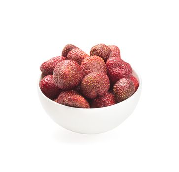 sweet ripe tasty rustic strawberries in white bowl isolated on white background, close up