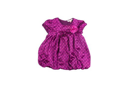 beautiful elegant silk purple baby dress in pink polka dots print with flower for spring and summer isolated on white background