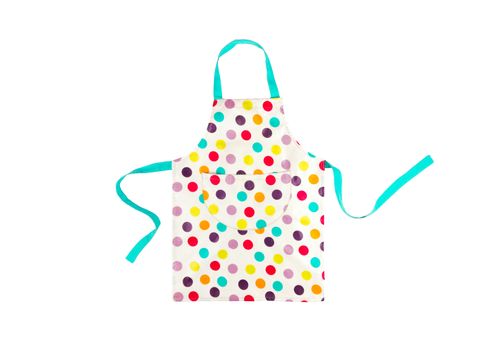 Bright multicolored polka dot apron isolated on white background