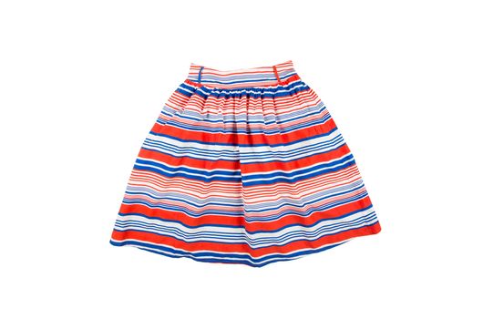 bright fashionable summer  skirt  for girl with blue, white and red stripes isolated on white