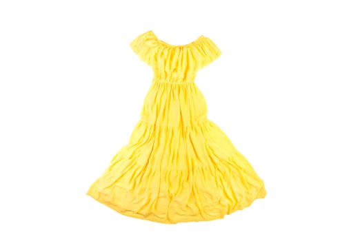 bright yellow chiffon long women dress in a rustic style isolated on white background