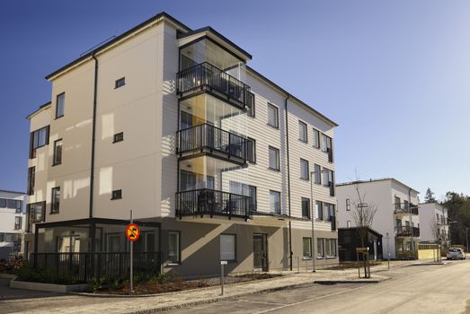 Modern apartment buildings in new neighborhood.