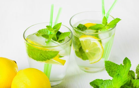 Delicious refreshing lemonade with fresh mint, Lemon, honey and ice. Healthy summer drink.