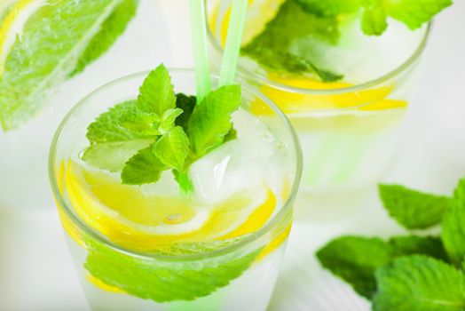 Delicious refreshing lemonade with fresh mint, Lemon, honey and ice. Healthy summer drink.