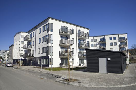 Modern apartment buildings in new neighborhood.