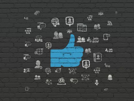 Social media concept: Painted blue Thumb Up icon on Black Brick wall background with  Hand Drawn Social Network Icons, 3d render