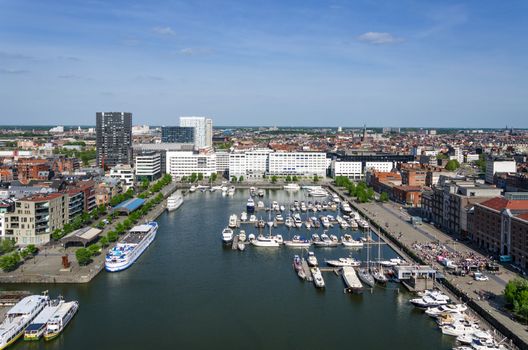 Yachts moored in the Willem Dock pictured from the Museum aan de Stroom in Antwerp, Belgium.