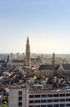 Aerial view on the Cathedral of Our Lady and the Church of Saint Paul in Antwerp, Belgium. viewed from Museum aan de Stroom