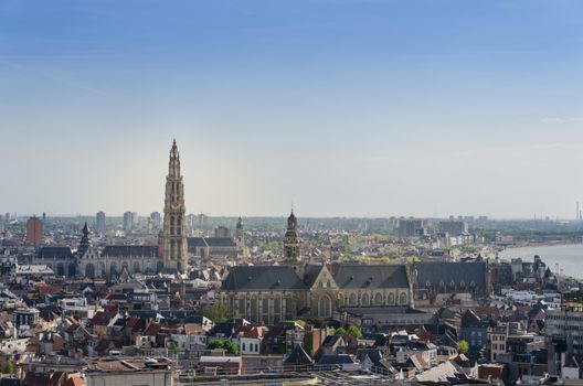 Aerial view on the Cathedral of Our Lady and the Church of Saint Paul in Antwerp, Belgium. viewed from Museum aan de Stroom