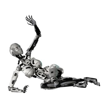 3D digital render of a female cyborg protecting herself isolated on white background