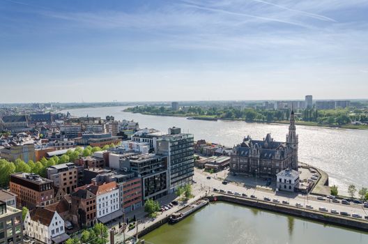 Aerial view over the city of Antwerp in Belgium from Museum aan de Stroom.