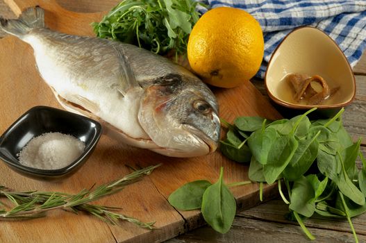 Cooking Raw Dorado Fish with Greens, Herbs, Spices, Anchovies and Lemon on Wooden Cutting Board closeup
