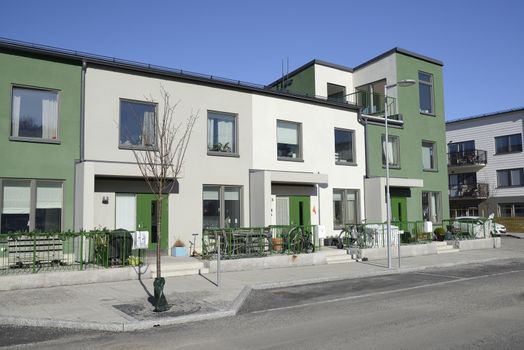 Modern apartment buildings in new neighborhood.