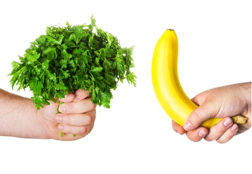 man's hand holding a large bunch of parsley, fresh herbs, the other man's hand holding a banana like a big penis, erection and potency concept, Stimulants Sexual Health