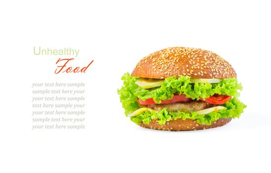 The concept of unhealthy diet, harmful food, overweight, weight loss, diet. A burger isolated on white background, close up