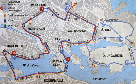 Stockholm, Sweden - May 23, 2015: Map over Stockholm Marathon 2015. The race is divided in two turns, first lap in red and second in blue.