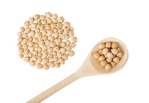 chickpeas over wooden spoon top view, closeup, isolated on white
