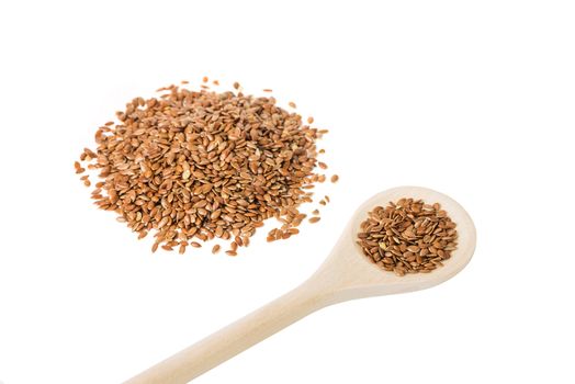 flax seeds in a wooden spoon closeup, isolated on white