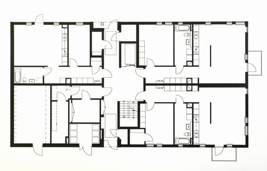 A photo of a blueprints depicting two storey house from above. Created for fun with my new CAD application.