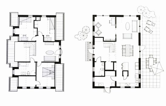 A photo of a blueprints depicting two storey house from above. Created for fun with my new CAD application.